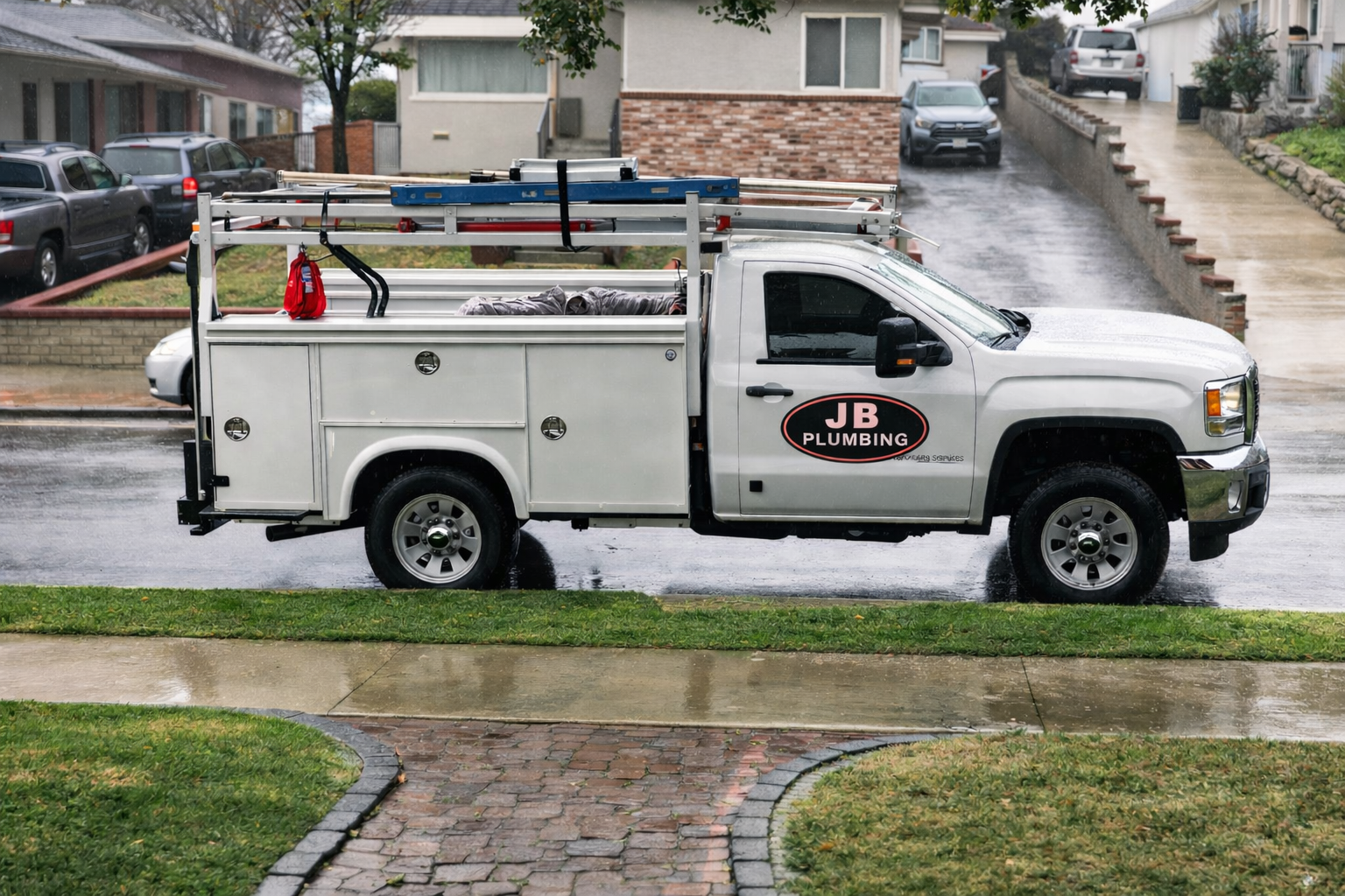 JB Plumbing and Rooter service truck parked in front of a home
